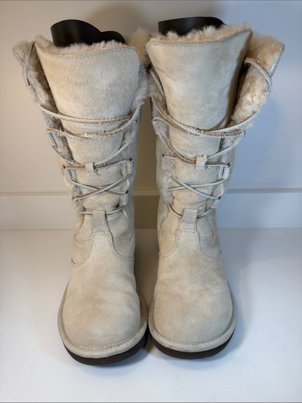 UGG Women's Cream Suede Shearling Lace-Up Winter Boots - Size 7